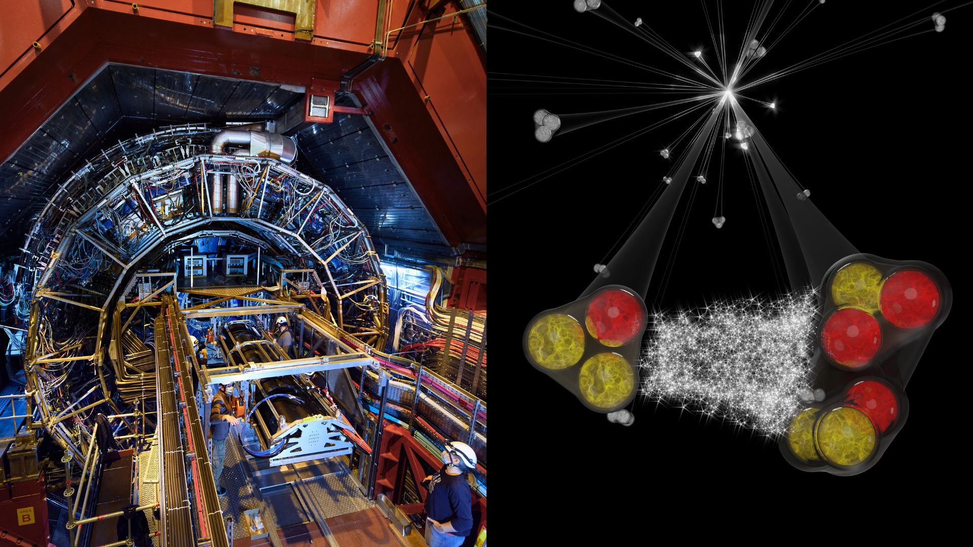 Illustrazione dell’interazione forte nel sistema protone-deutone prodotto nelle collisioni protone-protone a LHC ©ALICE/CERN Foto dell’esperimento ALICE ©CERN