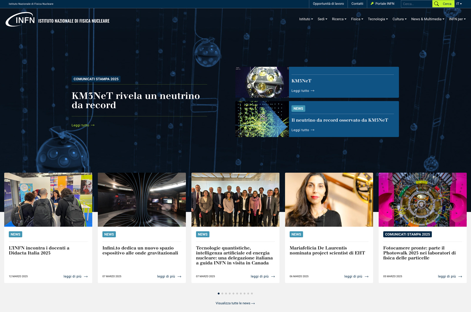 Homepage del nuovo sito Infn
