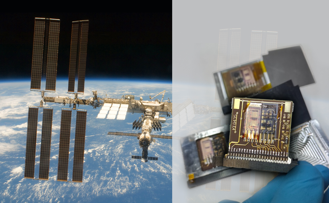 Graphics composition showing the International Space Station (ISS) and the IRIS sensors