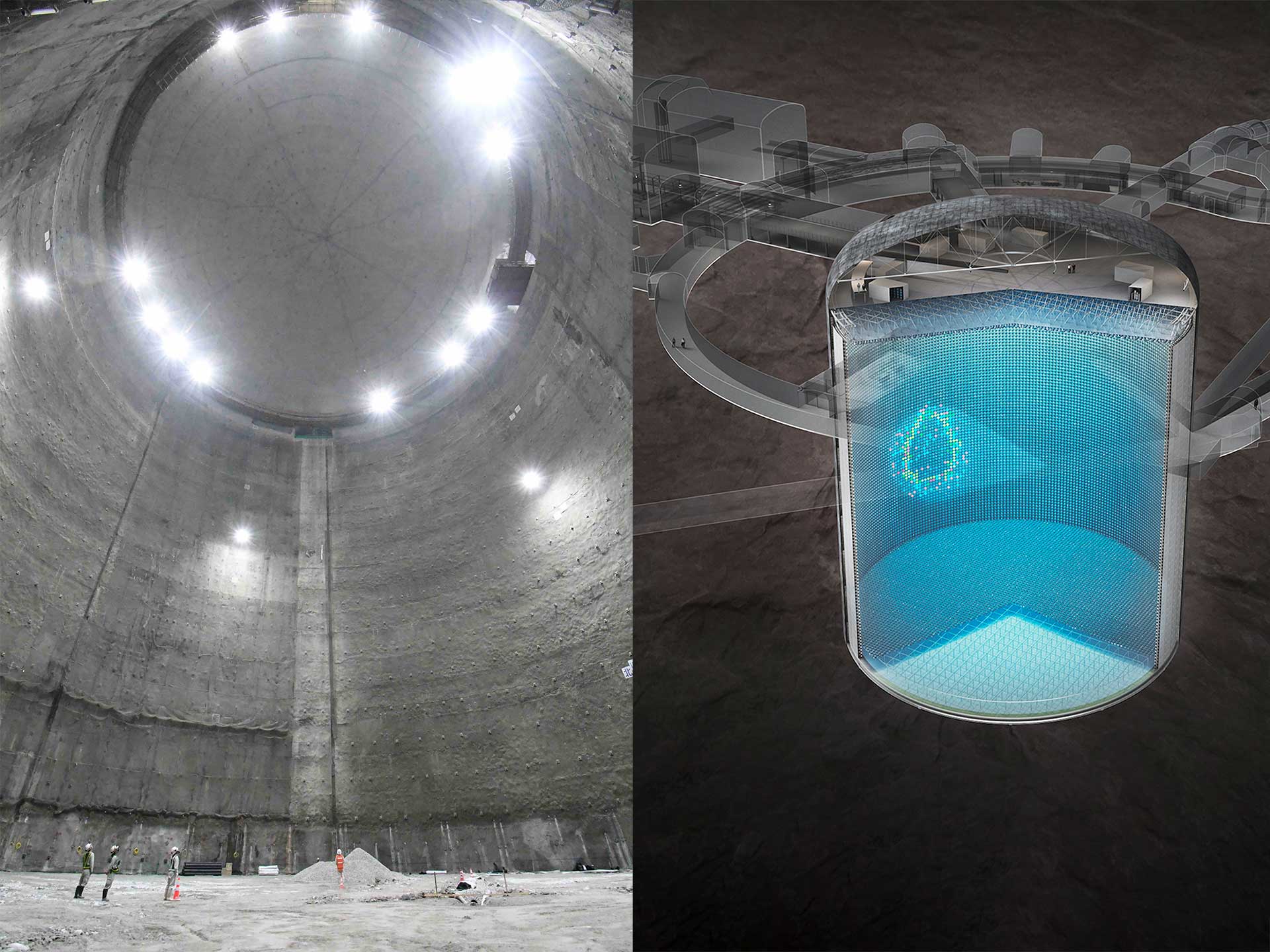 La caverna che ospiterà l'esperimento Hyper-Kamiokande nella prefettura di Gifu, in Giappone, e un rendering della futura configurazione dell'esperimento. ©Università di Tokyo e Nikken Sekkei