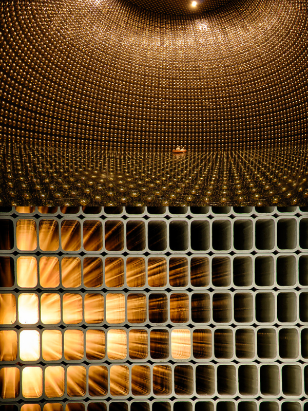 Above, the inside of the Super-Kamiokande detector, ©Kamioka Observatory, ICRR, University of Tokyo; below, the cells that make up the distant detector of the NOvA experiment at Ash River in Minnesota, ©Reidar Hahn, Fermilab