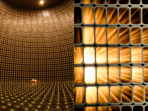 Sulla sinistra l'interno del rivelatore Super-Kamiokande, ©Osservatorio Kamioka, ICRR, Università di Tokyo; sulla destra le celle che compongono il rivelatore lontano dell'esperimento NOvA ad Ash River in Minnesota, ©Reidar Hahn, Fermilab