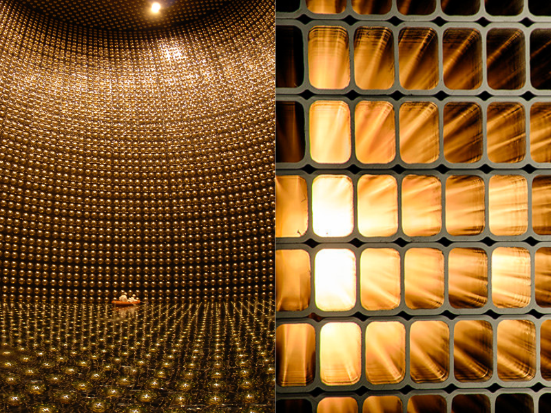 Sulla sinistra l'interno del rivelatore Super-Kamiokande, ©Osservatorio Kamioka, ICRR, Università di Tokyo; sulla destra le celle che compongono il rivelatore lontano dell'esperimento NOvA ad Ash River in Minnesota, ©Reidar Hahn, Fermilab