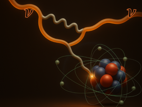 Rappresentazione artistica di un neutrino che interagisce con un nucleo atomico
