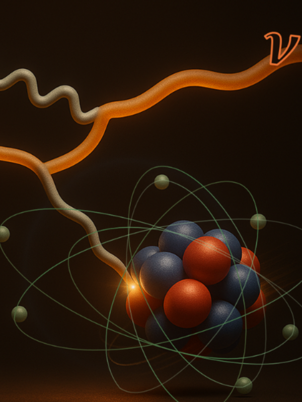 Rappresentazione artistica di un neutrino che interagisce con un nucleo atomico