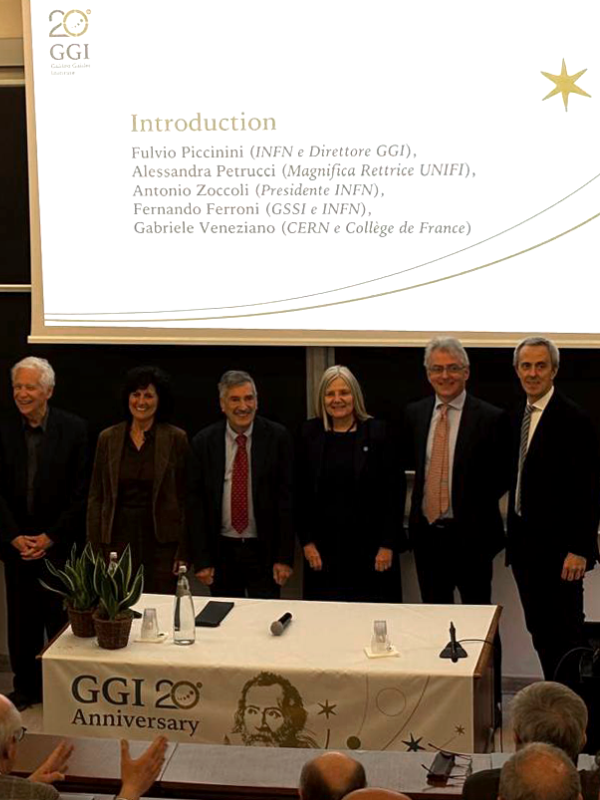 GGI 20, le celebrazioni per il ventesimo anniversario del Galileo Galilei Insitute, Centro Nazionale di Studi Avanzati dell'INFN. Da sinistra a destra: G. Veneziano, S. De Curtis, F. Ferroni, A. Petrucci, A. Zoccoli, F. Piccinini.