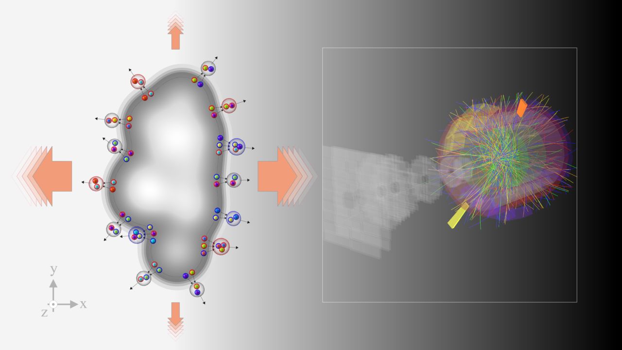 L’immagine mostra un “event display” (destra) di una collisione protone-protone con elevata produzione di particelle ricostruita in ALICE a LHC, accanto a una illustrazione schematica (sinistra) del flusso anisotropo, in cui i quark sono spinti verso l’esterno con velocità che dipende dalla direzione (frecce di dimensione diversa) e poi formano gli adroni attraverso il meccanismo della coalescenza