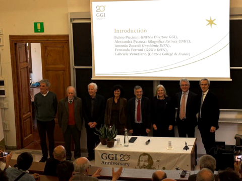 GGI 20, the celebrations for the twentieth anniversary of the Galileo Galilei Institute, National Centre for Advanced Studies of INFN. From left to right: D. Dominici, R. Casalbuoni, G. Veneziano, S. De Curtis, F. Ferroni, A. Petrucci, A. Zoccoli, F. Piccinini.