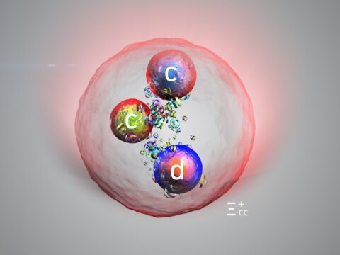 The image shows an artistic representation of the Xi_cc+ particle