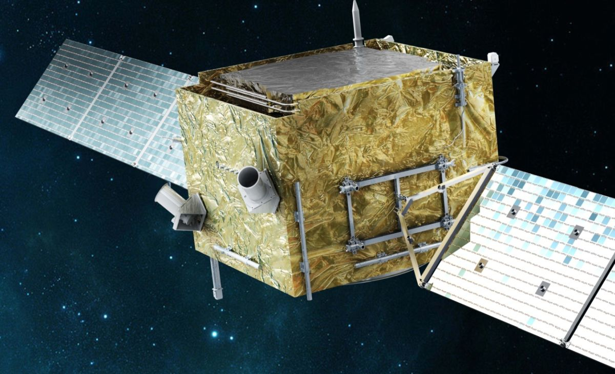 Rappresentazione artistica del satellite DAMPE. ©The DAMPE collaboration