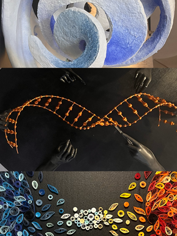 Opere vincitrici della V edizione di Art&Science Across Italy, da sinistra a destra: "Sussurri in movimento", "La rivalsa di Prometeo" e "Threads of Time"