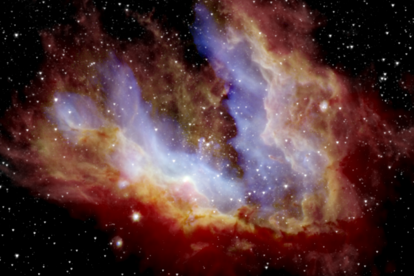 Swan Nebula. Composite infrared image showing hot gas (blue), warm dust (green) and cold dust (red) in the Swan Nebula, together with the stellar background (white). ©NASA/SOFIA/De Buizer/Radomski/Lim; NASA/JPL-Caltech; ESA/Herschel