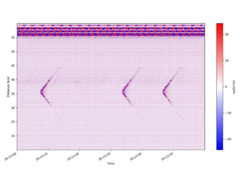 The acoustic signal produced by the whale’s song, detected by the DAS system ©INFN